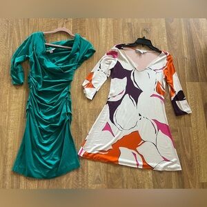 DVF Bundle – Floral Silk Dress (Size 4) & Green Ruched Dress (Size Small)